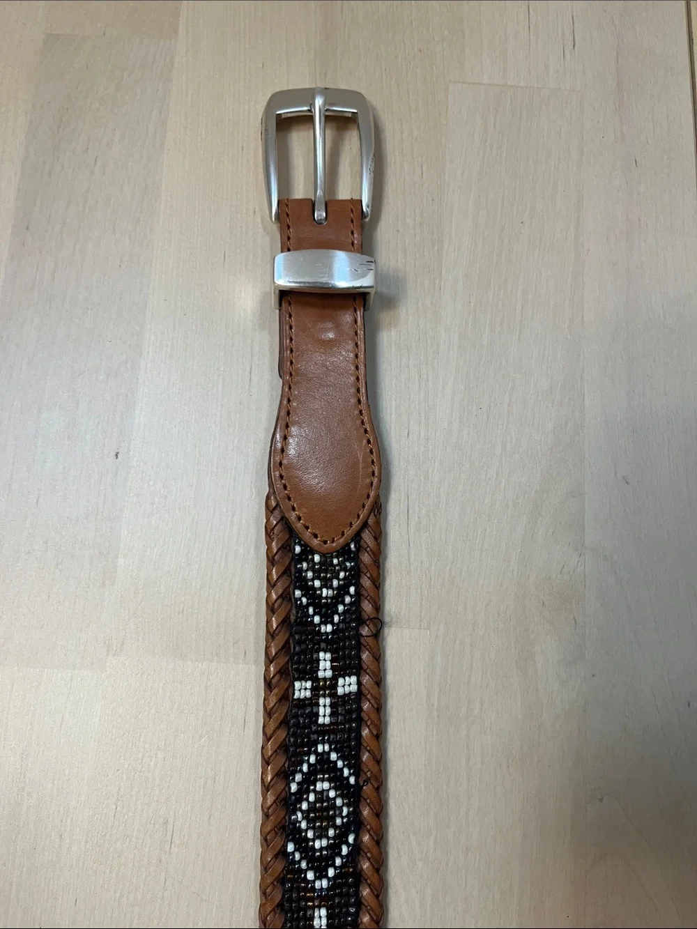 Brown Leather & Decorative Beaded Belt w/ Silver Hardware Men’s Size 38